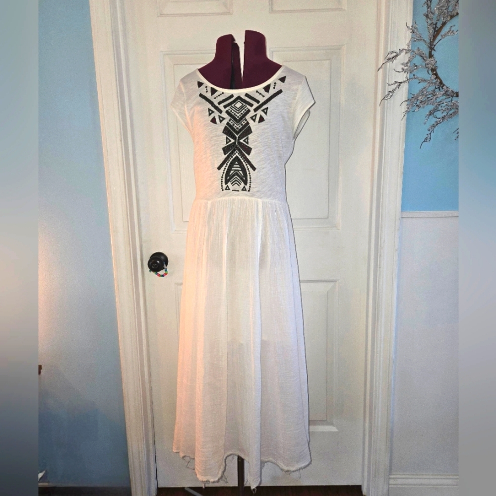 Free People White Maxi Dress with Black Aztec Embroidery